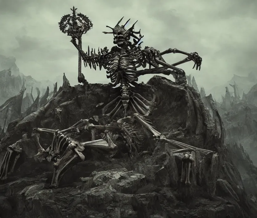 Prompt: a singular skeleton king sitting on a dark throne on the top of a mount of bones, digital art, trending on DeviantArt, highly detailed, high quality, 8K HDR, octane render, unreal engine 5, raytracing, cinematic lighting, concept art, dramatic environment