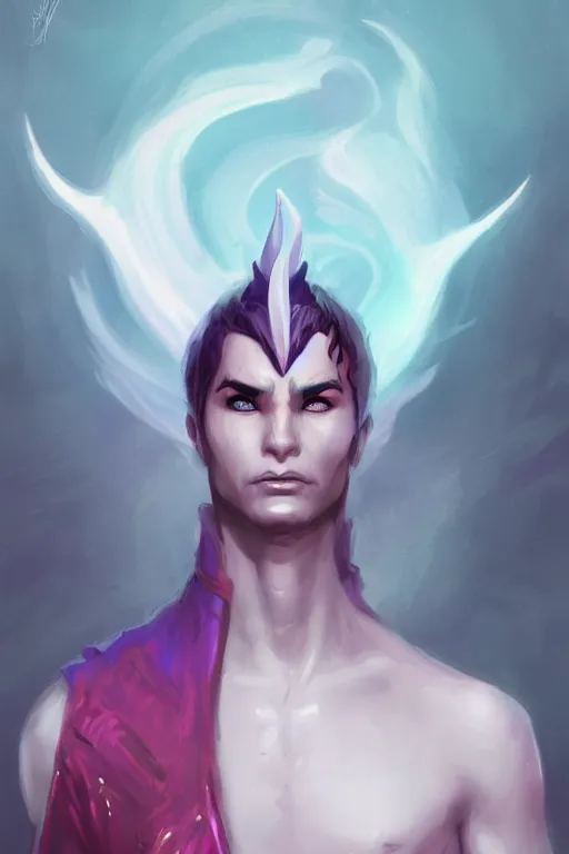 Prompt: djinn man male demon, portrait, full body character, concept art, purple cloak, single face, illustration, white spiral horns, single face, cinematic color grading, editorial photo, fashion, hyperrealism, trending on artstation, Charlie Bowater, WLOP