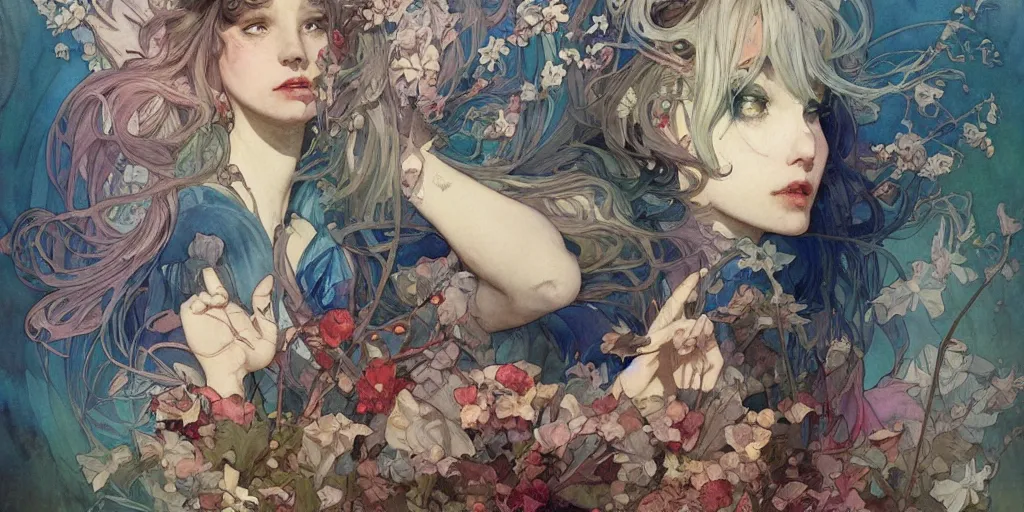 Image similar to a beautiful insanely intricate watercolor painting of alice in wonderland, reflexions, colorfull, by william turner art, by greg rutkowski, by alphonse mucha, by james jean, by rossdraws, by frank franzzeta, by sakimichan, trending on artstation, insanely detailed, masterpiece,