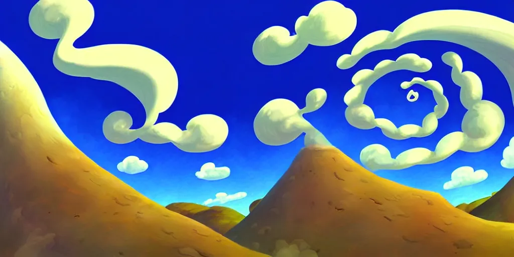 Image similar to cartoon concept art, blue sky spiral clouds, from sam and max