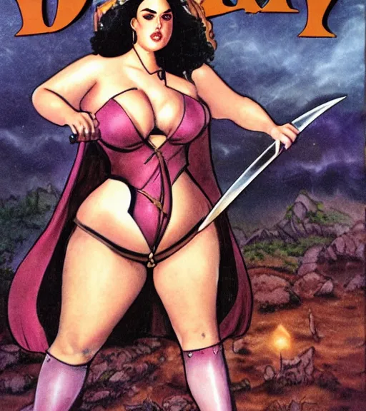 Image similar to 1 9 8 0 s fantasy novel book cover, bbw plus size amazonian elizabeth gillies in extremely tight bikini armor wielding a cartoonishly large sword, exaggerated body features, dark and smoky background, low quality print