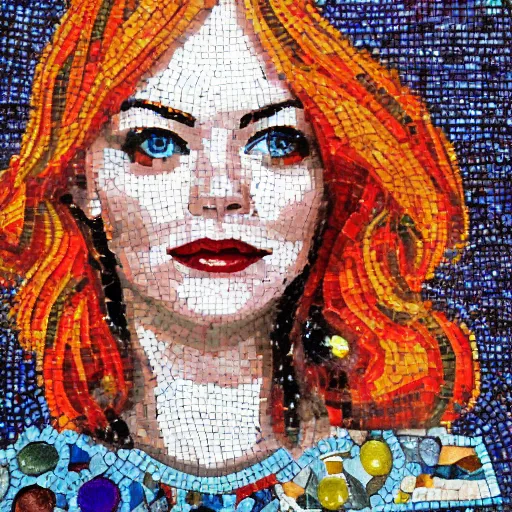 Image similar to detailed colorful'emma stone'in zeugma mosaic, artstation, many small and colorful stones, extreme detail, red hair