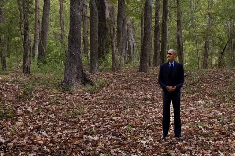 Prompt: barack obama standing far away in the woods at night, horror, unsettling grin, found footage, dark