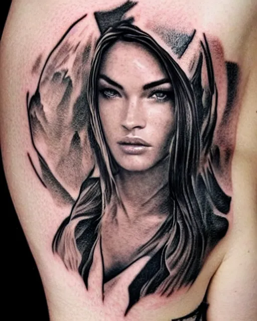 Image similar to creative double exposure effect tattoo design sketch of megan fox faded in beautiful mountain scenery, realism tattoo, in the style of matteo pasqualin, amazing detail, sharp