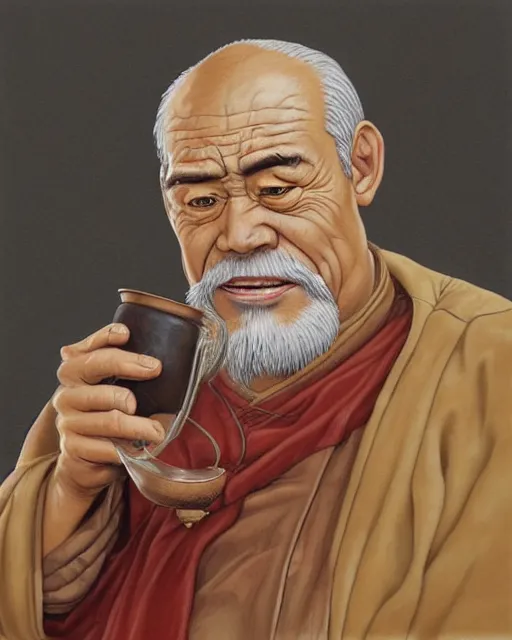 Prompt: real life Uncle Iroh, drinking from a cup of tea, gentle smile, overweight, beautiful, very detailed, hyperrealistic, medium shot, very detailed painting by Glenn Fabry, by Joao Ruas