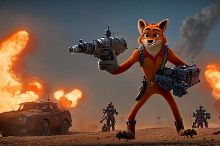 Image similar to nick wilde ( from zootopia ), heavily armed and armored facing down armageddon in a dark and gritty reboot from the makers of mad max : fury road