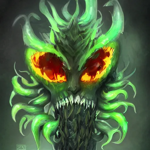 Image similar to A plant demon with amber eyes, menacing smile, voracious, trending on art station