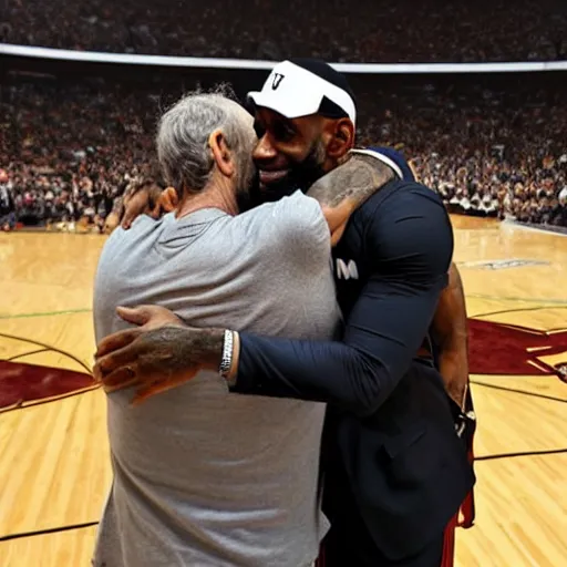 Prompt: photograph of lebron james hugging Jeffrey Epstein