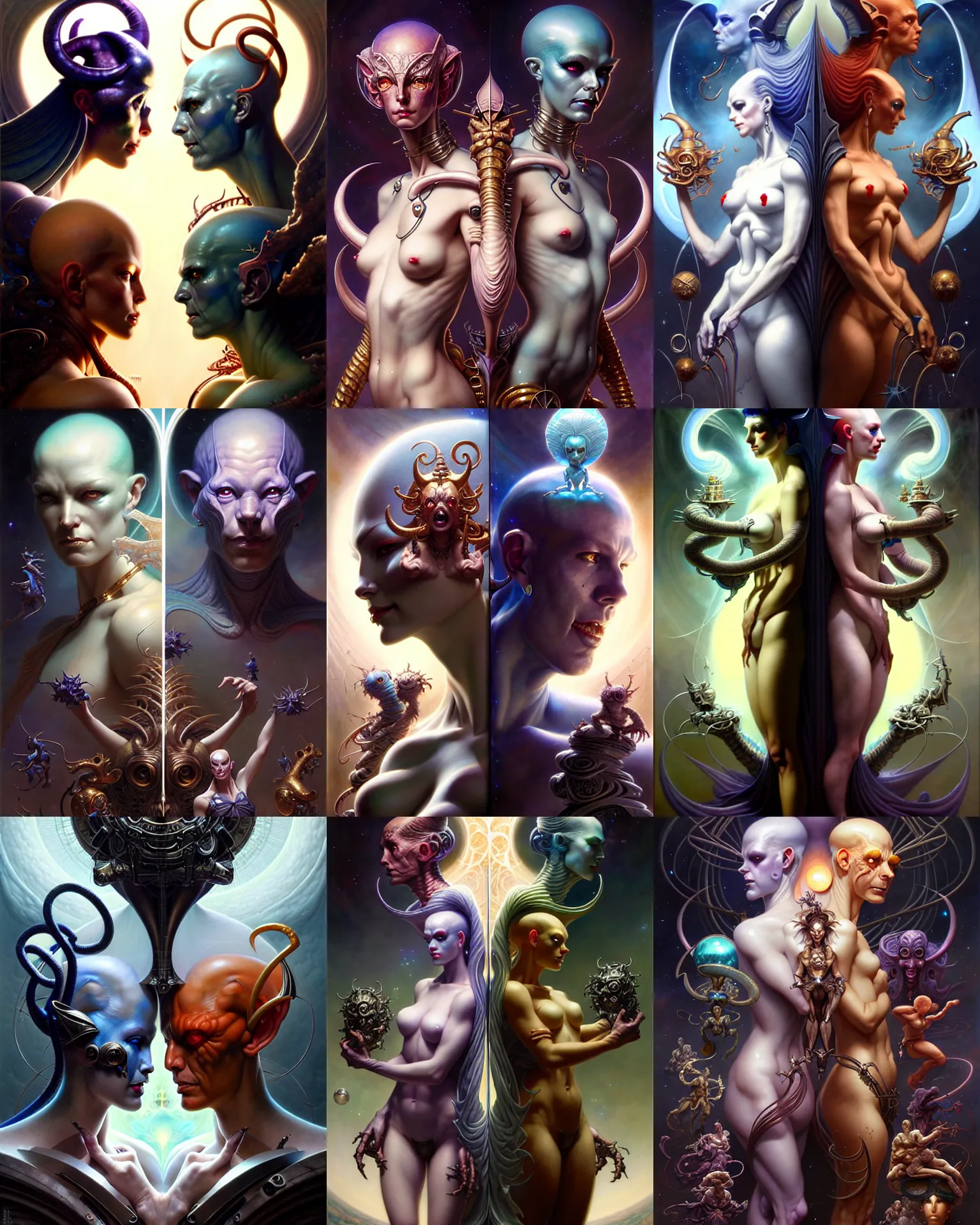 Image similar to beautiful gemini good and evil, happy and sad faces, fantasy character portrait, ultra realistic, wide angle, intricate details, the fifth element artifacts, highly detailed by peter mohrbacher, boris vallejo, hajime sorayama, wayne barlowe, aaron horkey, gaston bussiere, craig mullins