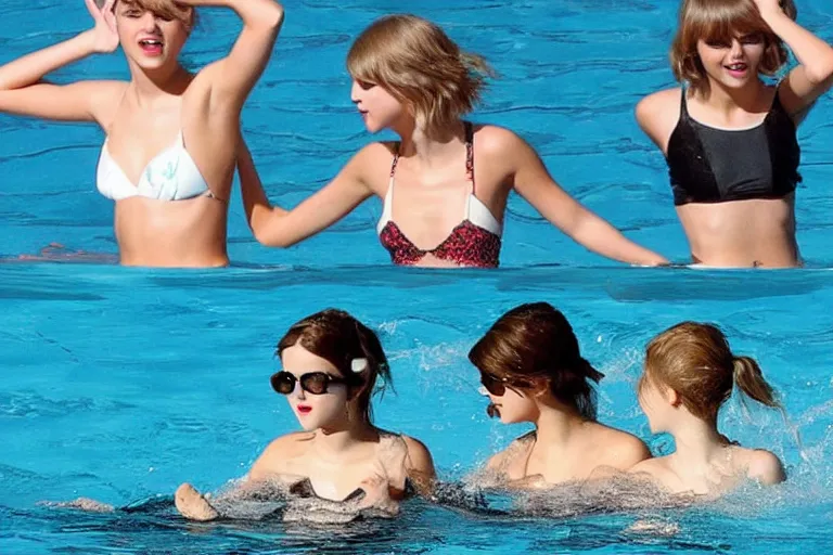 Image similar to emma watson and taylor swift and selena gomez swim together. perfect faces.