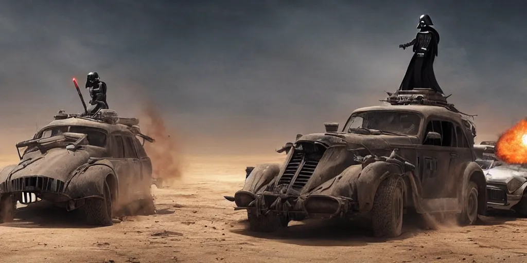 Image similar to Darth Vader standing on the hood of a driving post apocalyptic battle car in the desert and weilding a flamethrower, Mad Max Fury Road style, sandstorm