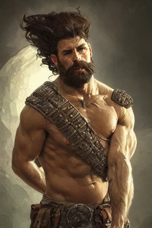 Image similar to portrait of a rugged ranger, muscular, upper body, hairy torso, D&D, fantasy, intricate, elegant, highly detailed, digital painting, artstation, concept art, smooth, sharp focus, illustration, art by artgerm and Greg Rutkowski and Alphonse Mucha