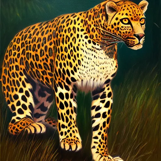 Image similar to graceful leopard in summer nigt, beautiful colour palette, oil paint on canvas, sharp textures, biotechnology, nikolay georgiev, alex ross, bruce pennington, donato giancola, larry elmore, masterpiece, trending on artstation, featured on pixiv, cinematic composition, sharp, details, hyper - detailed, hd, hdr, 4 k, 8 k