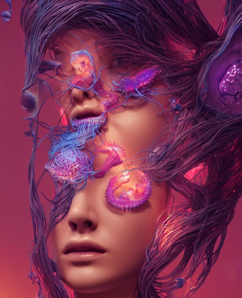 Image similar to goddess close-up portrait. orchid jellyfish phoenix head, nautilus, skull, betta fish, bioluminiscent creatures, intricate artwork by Tooth Wu and wlop and beeple. octane render, trending on artstation, greg rutkowski very coherent symmetrical artwork. cinematic, hyper realism, high detail, octane render, 8k