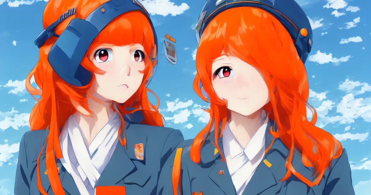 Prompt: very beautiful young anime girl with orange hair, dressed in soviet pioneer uniform, full body, sky blue eyes, full round face, front view, middle, highly detailed, colored manga drawing by wlop popular on artstation