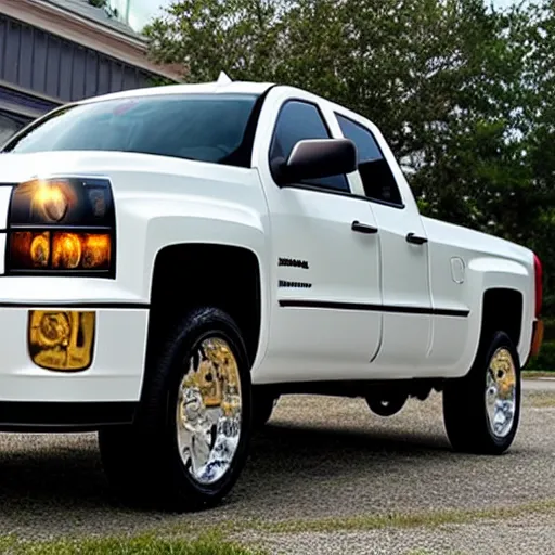 Prompt: goldplated 2006 small white chevy silverado