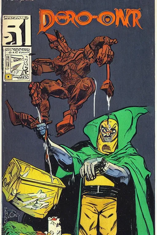 Image similar to dr. doom taking out the garbage, 6 0 ’ s style cartoon cover by jean henri gaston giraud, comic book artist moebius, comic book arzach style