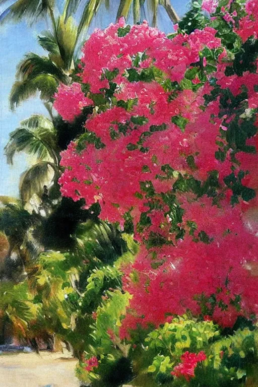 Image similar to beach, rose bunch on the sea surface, a sun in the sky bougainvillea palms, painting by john singer sargent