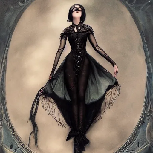 Prompt: tom bagshaw, young dollpunk wearing a full gothic curvy long dress, professionally retouched, perfect blue eyes, ultra realistic soft painting, floating long hair, soft facial traits, perfectly detailed linework, symmetrical accurate intricate features, highly detailed, artstation, sharp focus