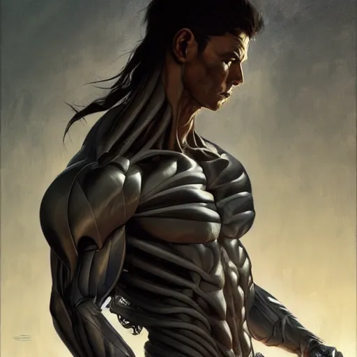 Prompt: cyborg muscular handsome man as aeon flux profile picture by greg rutkowski, long bangs, going gray, dynamic pose, intricate, futuristic, fantasy, elegant, by stanley artgerm lau, greg rutkowski, thomas kindkade, alphonse mucha, loish, norman rockwell,