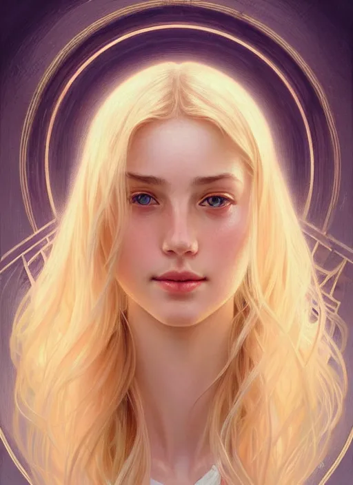 Prompt: beautiful feminine face! portrait of young woman blessed by god with ever - increasing physical and mental perfection, blonde hair, symmetrical!! intricate, elegant, highly detailed, vision of holy perfection!! smile, digital painting, artstation, concept art, smooth, sharp focus, illustration, art by artgerm and greg rutkowski and alphonse mucha