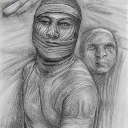 Image similar to one mummy in bandages touches head of warrior, in jungle, pencil drawing