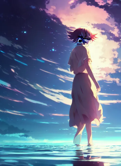 Image similar to anime girl walking on water, ripples, backdrop of dawn, saturn in the background, illustration, concept art, anime, key visual, trending pixiv fanbox by wlop and greg rutkowski and makoto shinkai and mamoru hosada and studio ghibli