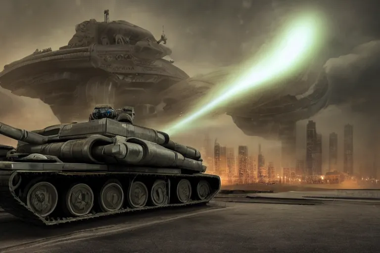 Prompt: large futuristic tank with with a cannon that fires black holes, futuristic city on fire, night, fog, thunder, rain, cinematic, volumetric lighting, f 8 aperture, cinematic eastman 5 3 8 4 film, photorealistic
