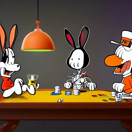 Prompt: a highly detailed vector picture of bugs bunny and captain cruch and snoopy and bender playing poker, octane render, 4 k resolution, trending on artstation, masterpiece