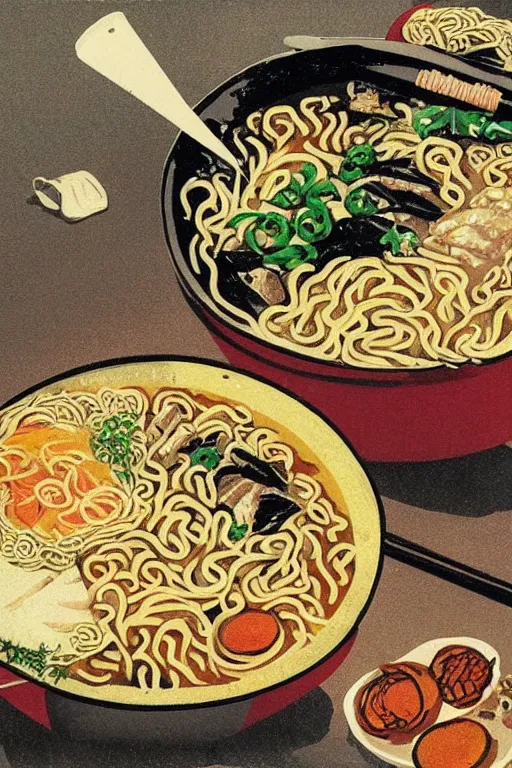 Image similar to a pot of delicious ramen noodles, vintage illustration