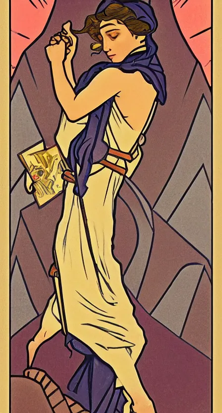 Prompt: a tarot card that depicts a person carrying a hobo sack walking off a cliff, illustrated in an art deco style by tamara de lempika and an elegant border by alphonse mucha. | studio lighting | digital painting, stunning lighting, trending on artstation