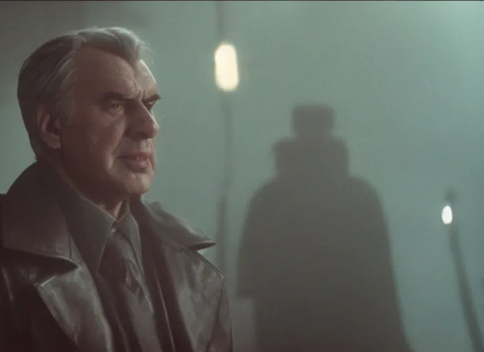 Image similar to film still milos zeman wearing leather coat as a detective in blade runner, 8 k