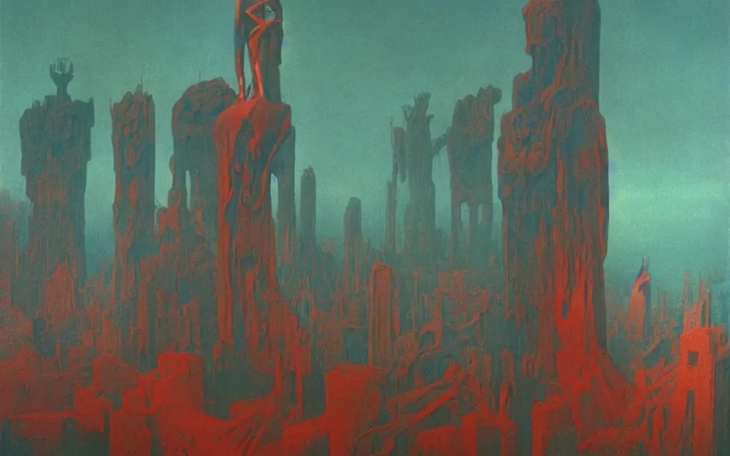 Image similar to colorized movie still from Metropolis, oil painting by zdzisław beksiński, iridescent color palette chromatic aberration