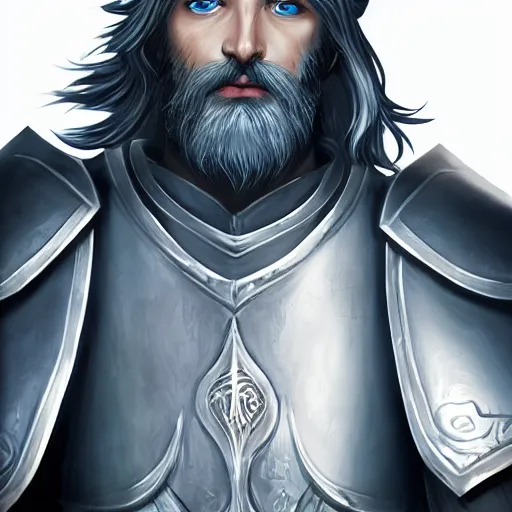 Image similar to A portrait of an Aasimar Paladin with glowing blue eyes, pale grey skin, silver full beard, and silver hair. He has a longsword and wears full plate armor covered in moss. Epic Dungeons and Dragons fantasy art.