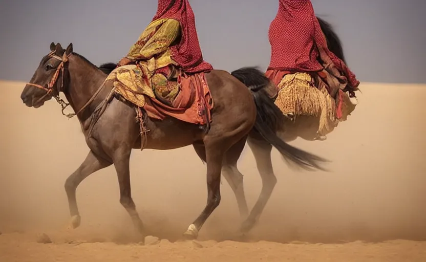 Prompt: beautiful burqa's woman, riding a horse!!! in saharan, sharp eyes, perfect dynamic posture, dust, cinematic, perfect dynamic pose, pinterest,, very perfect position, award winning photo by national geographic