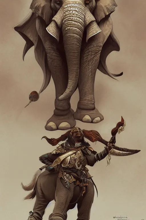 Prompt: a anthropomorphic elephant warrior, D&D, fantasy, intricate, highly detailed, digital painting, artstation, concept art, smooth, sharp focus, illustration, art by artgerm and greg rutkowski and alphonse mucha