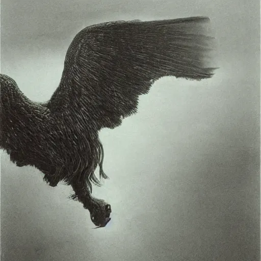 Image similar to a creature with the body and eyes of a man, with the beak of an eagle, the mane of a lion, and the horns of an ox. drawn by zdzislaw beksinski