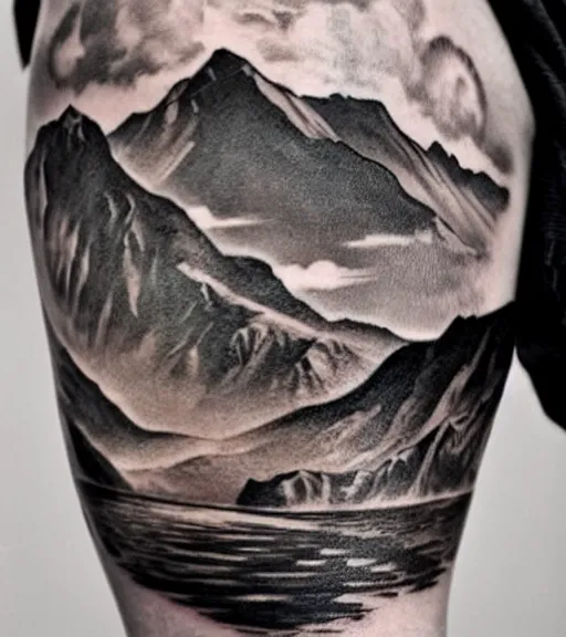 Prompt: hyper realistic tattoo design of a very beautiful woman against a background of beautiful mountains and nature, in the style of den yakovlev, amazing detail, black and white