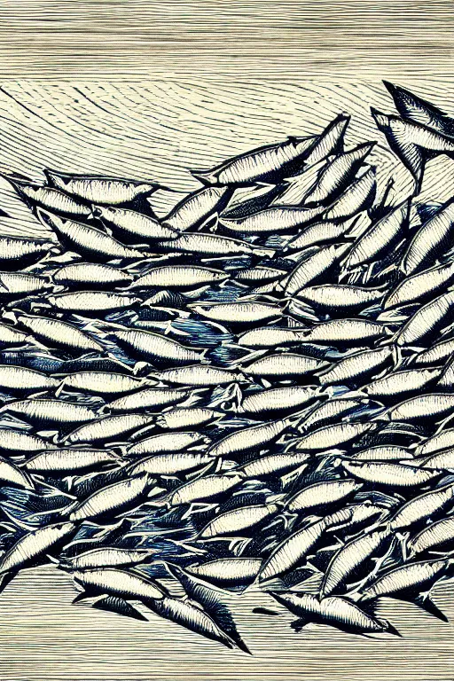 Image similar to a beautiful wood engraving on paper of a school of mackerel, 8 k, frostbite 3 engine, cryengine, dof, trending on artstation, digital art, crepuscular ray