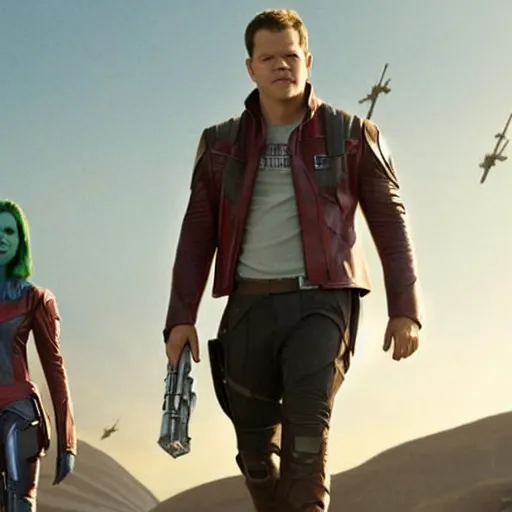 Prompt: film still of Matt Damon as Star Lord in Guardians of the galaxy