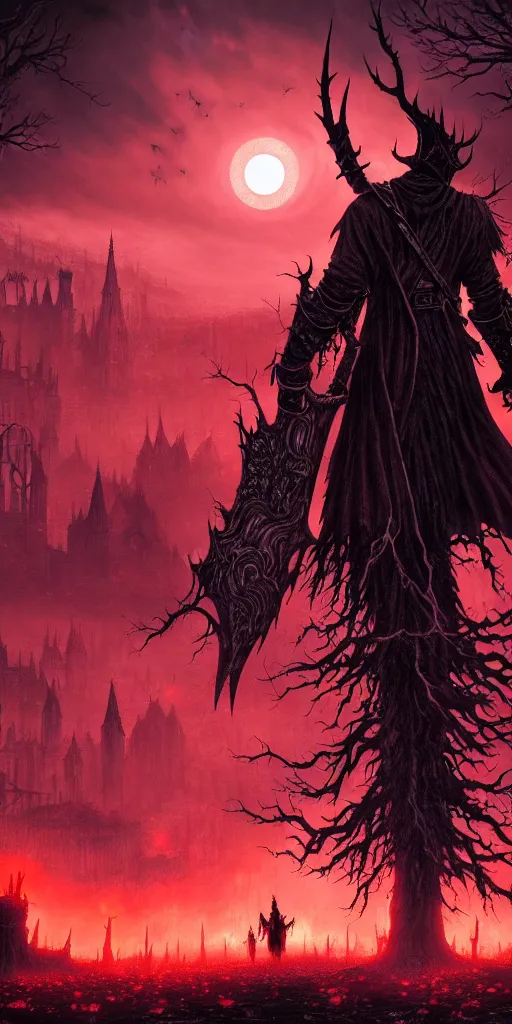 Image similar to populated bloodborne old valley with a dark person at the centre and a ruined gothic city in the background, trees and stars in the background, falling red petals, epic red - orange moonlight, perfect lightning, wallpaper illustration by niko delort and kentaro miura, 4 k, ultra realistic