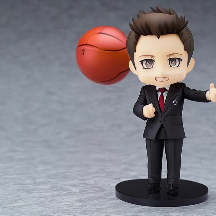 Image similar to a anime nendoroid of elon musk wear giorgio armani suits and black shoe, car tesla 3, figurine, smile, product photo, detailed