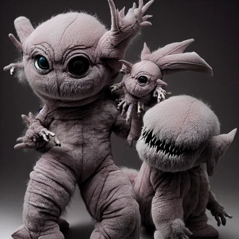 Image similar to photo of cute plush fluffy chibi monster by giger, wayne barlowe, dariusz zawadzki, zdzislaw beksinski