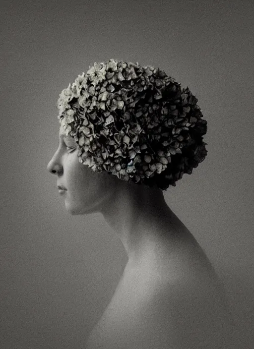 Prompt: a woman's face in profile, made of trailing hydrangea, in the style of the dutch masters and gregory crewdson, dark and moody