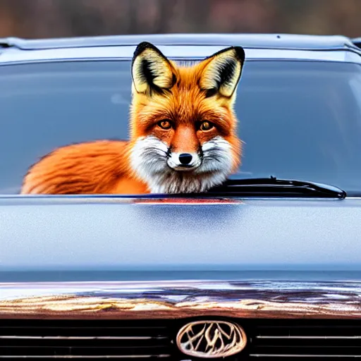 Prompt: curled up fox on a car's hood, award winning photography
