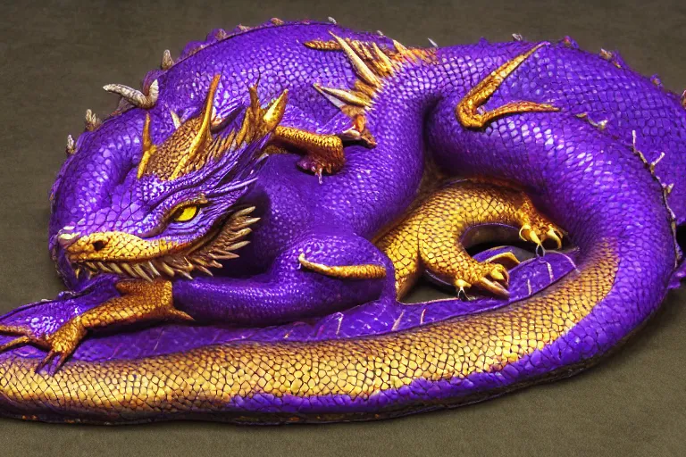 Image similar to a purple and gold dragon laying on its back, relaxing dragon