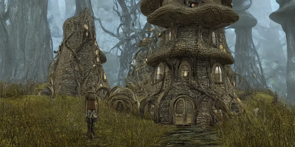 Prompt: telvanni mushroom wizard's tower residence, cascadian