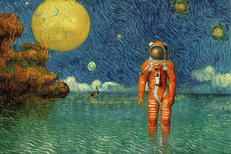 Image similar to an astronaut swimming in Jupiter lake, beautiful, national geographic, very detailed, astrophotography, oil painting, canvas, Vincent van Gogh, Caspar David Friedrich, Albert Bierstadt