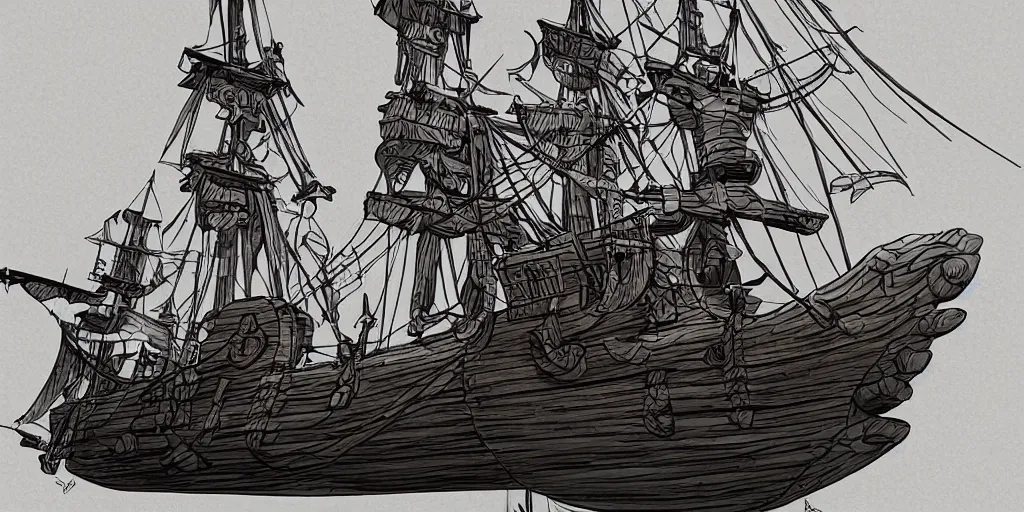 Image similar to a pirate ship, clean line art, drawing, sketching, kitbash 3 d, art by hebron ppg