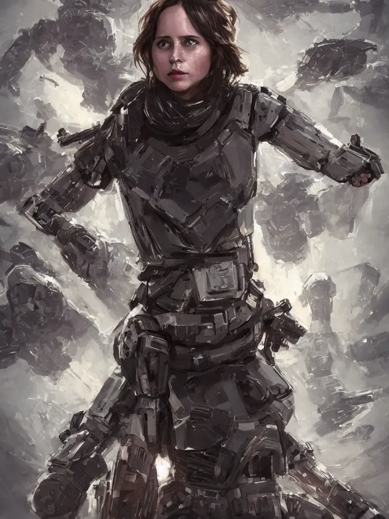 Image similar to expressive full body photo of jyn erso on a throne of robot arms, decolletage, confident pose, coherent, insane detail, concept art, character concept, cinematic lighting, global illumination radiating a glowing aura